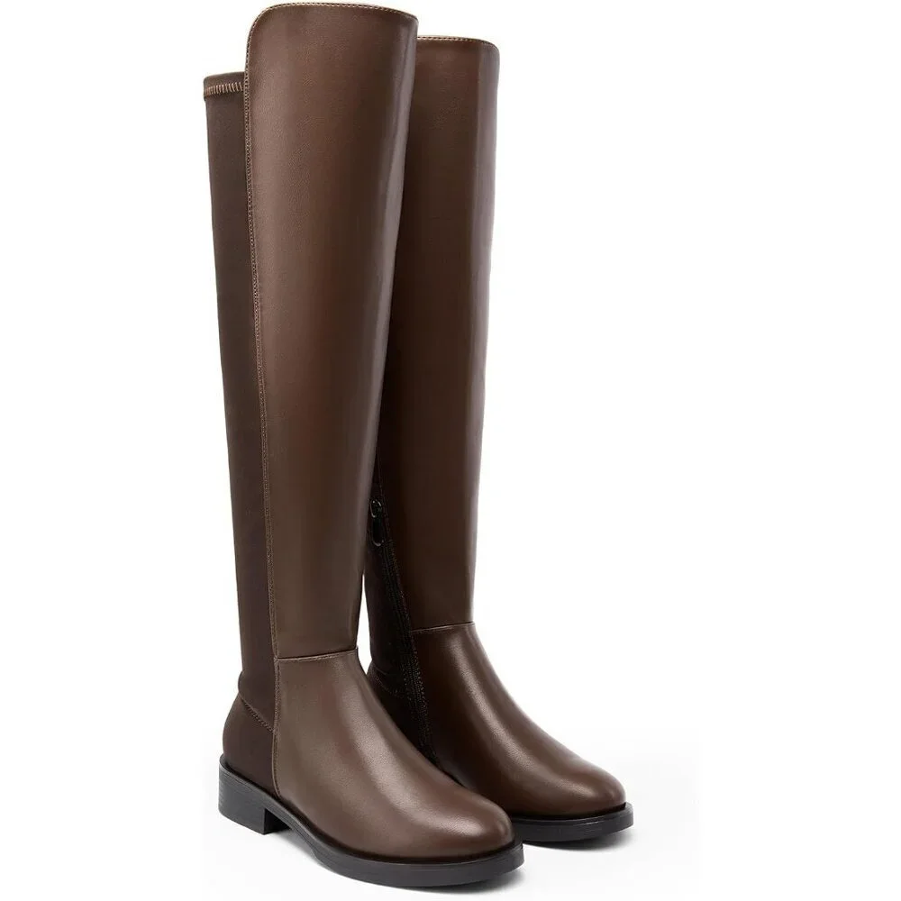🆕Women Brown-pu Knee High Comfortable Thigh High Daily Low Flat Heel Long Boot
